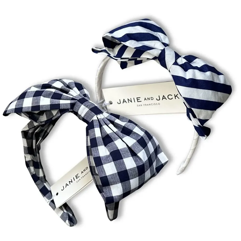 Janie and Jack NEW Set (2) Headbands Navy White Large Bow Gingham & Striped